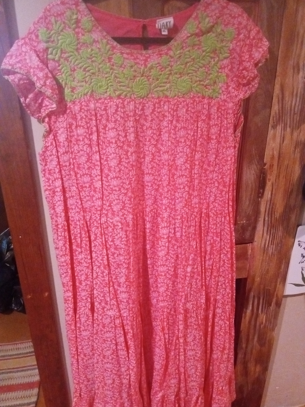 Sister Mary Pink Floral Casual Dress with Green Embroidered Yoke